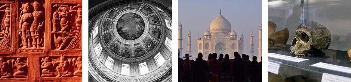 Four images: a humanoid skull, the Taj Mahal, a dome of a state capitol building and stone carvings.