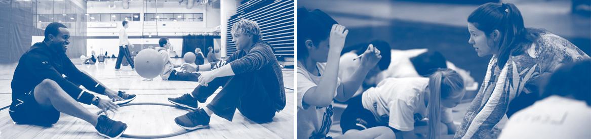 Blue and white image with two photos of K-12 Physical Education teachers working with students.