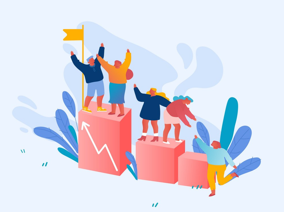 Animated stock photo of a group of people helping each other climb up blocks