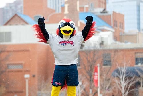 MSU Denver mascot Rowdy in celebratory pose in front of Tivoli.