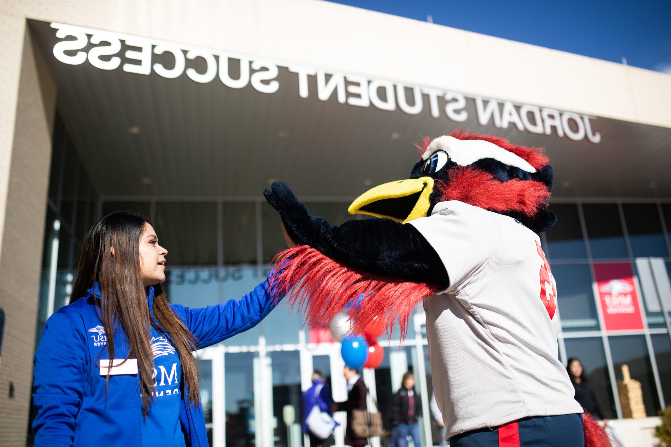 Rowdy the Roadrunner, MSU Denver's mascot, high-fiving a student in front of the Jordan Student Success Building